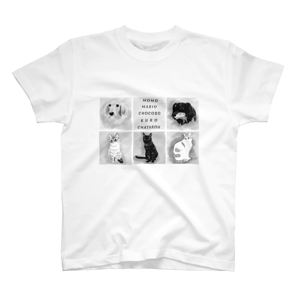 ひげ猫マリオの前面プリント 3にゃん&2ワンコ スタンダードTシャツ