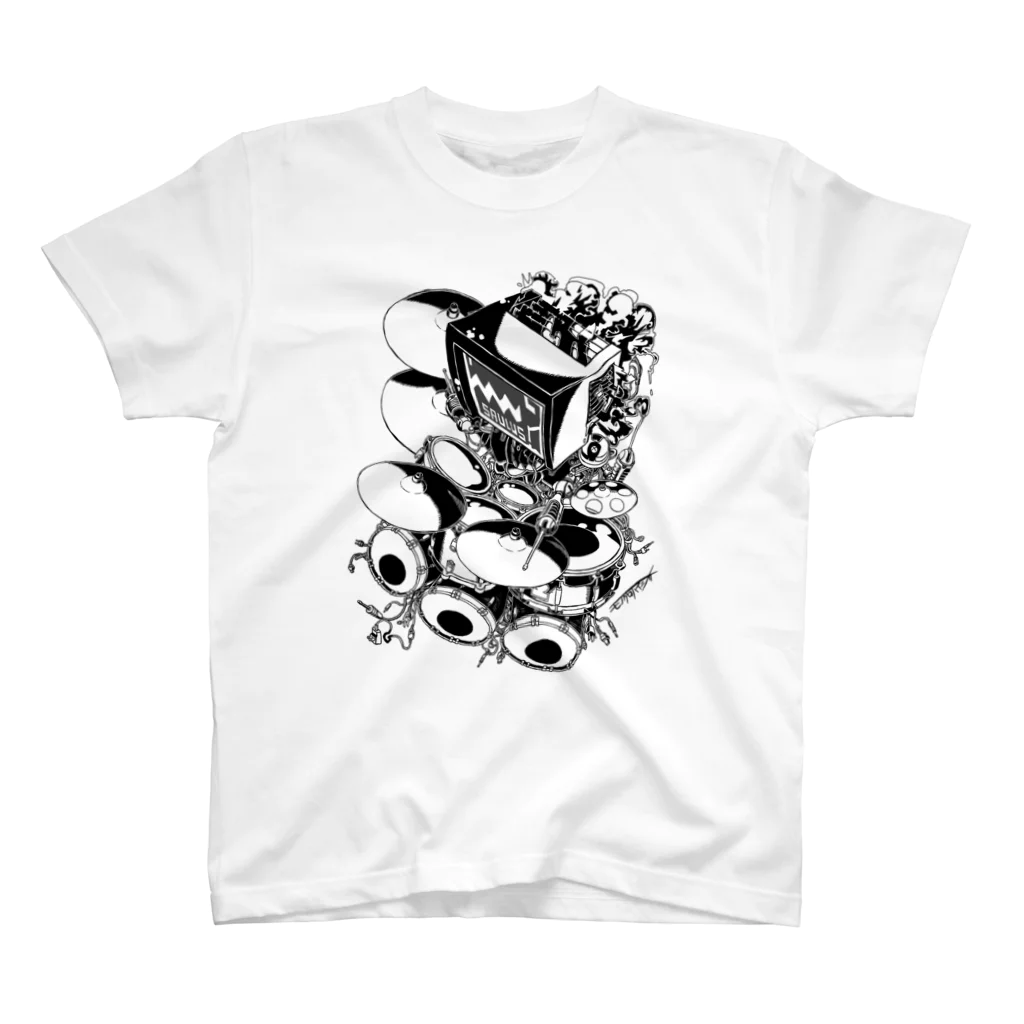 白黒灰脂オリジナルイラストグッズSHOP『熊猫動物園』の【ROCKOLOID SAULUS】type-DRUMS スタンダードTシャツ