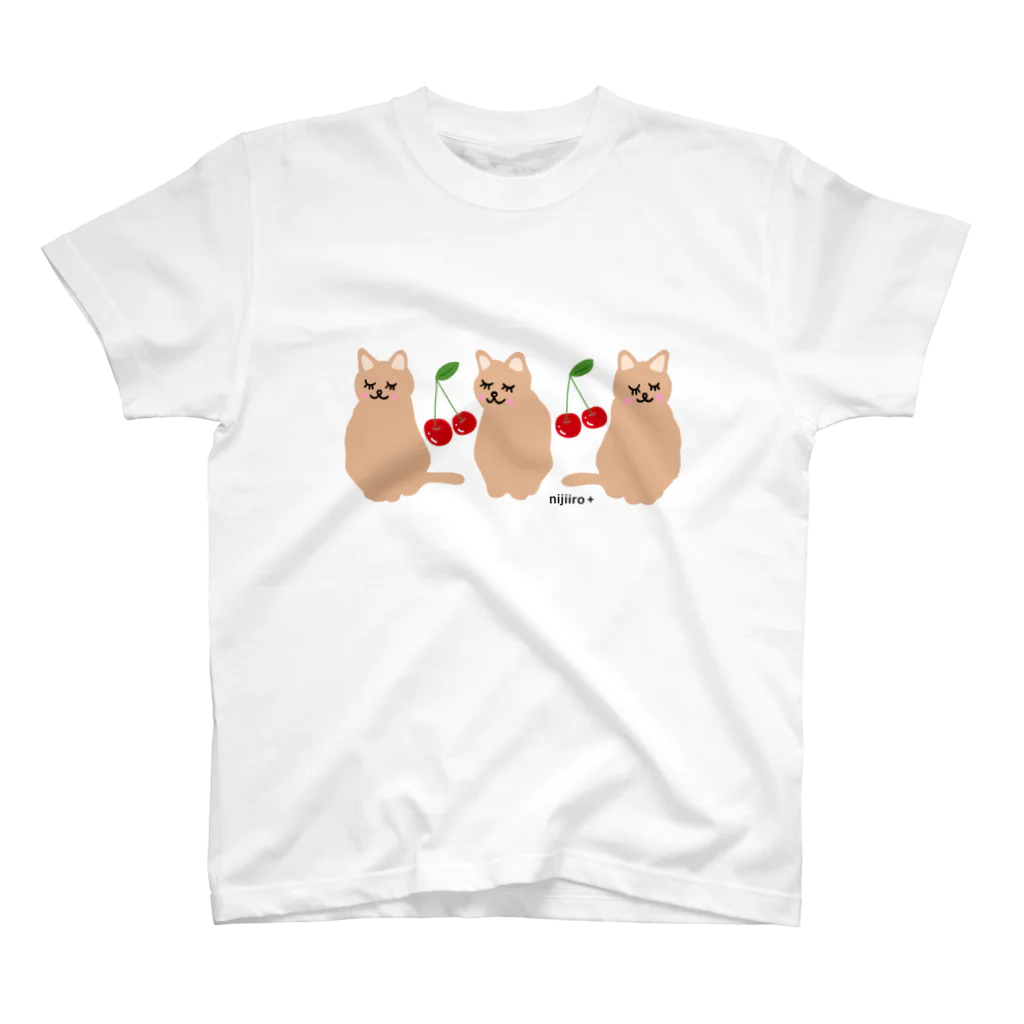 虹色PLUSのおすましキュートな猫ちゃんとサクランボ ブラウンラー Regular Fit T-Shirt