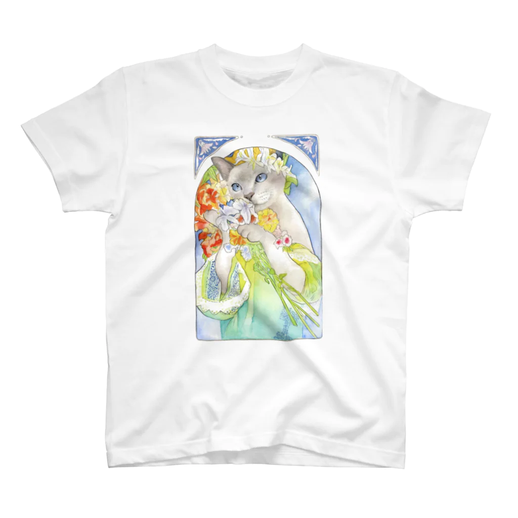  藤ねこりえ/ 𝙁𝙐𝙅𝙄𝙣𝙚𝙘𝙤𝙧𝙞𝙚のFlower  cat 花猫 スタンダードTシャツ