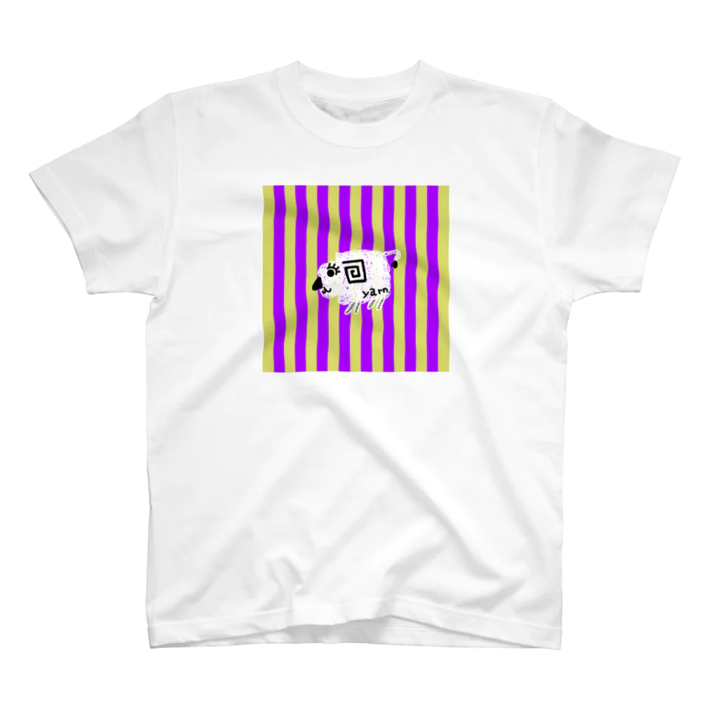 usa100の【白】紫黄色ストライプ羊 Regular Fit T-Shirt