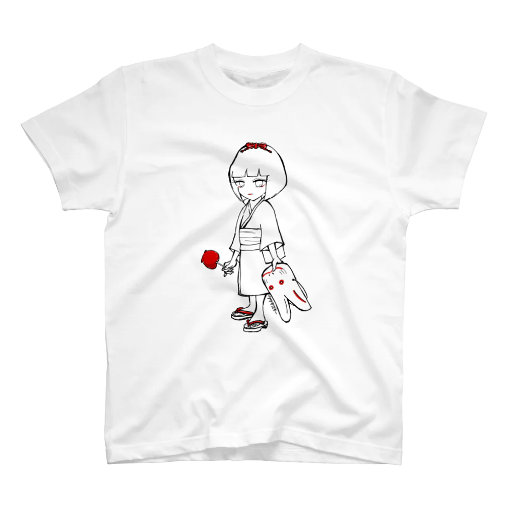 【USAGISKI】(ウサギスキー)の兎の面を持った少女 透過×赤 スタンダードTシャツ