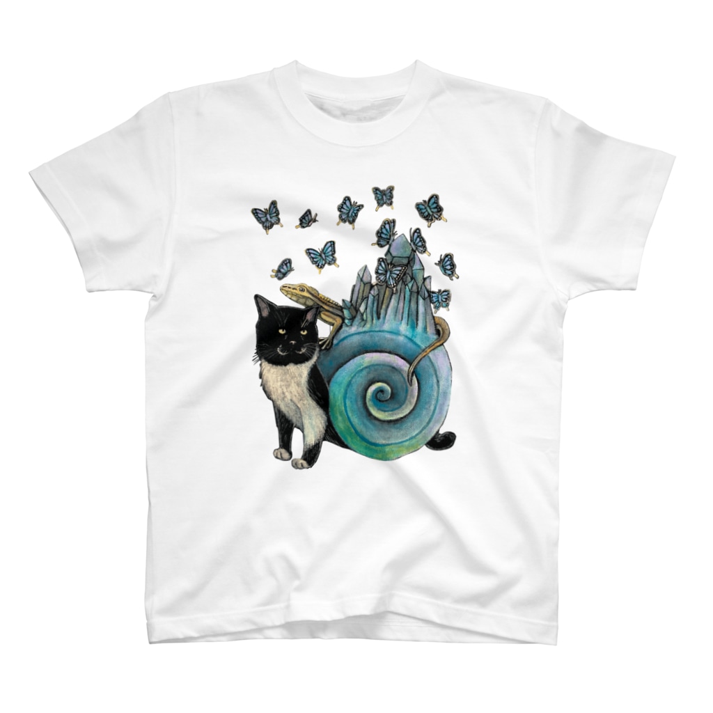 星月猫　徳島洋子の猫つむりタキちゃん 猫とトカゲと蝶 T-Shirt