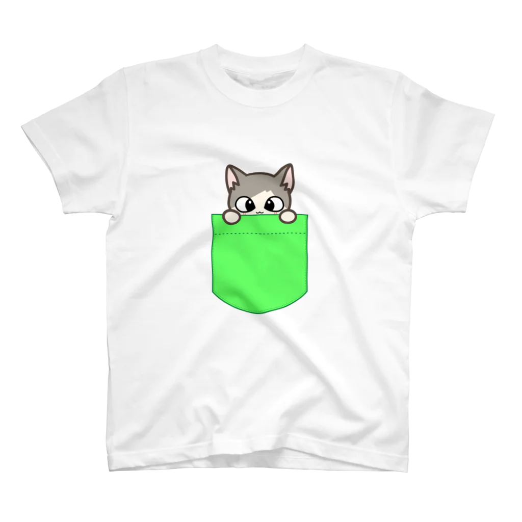 ねことおひるねの【黄緑】よじよじぽっけ スタンダードTシャツ