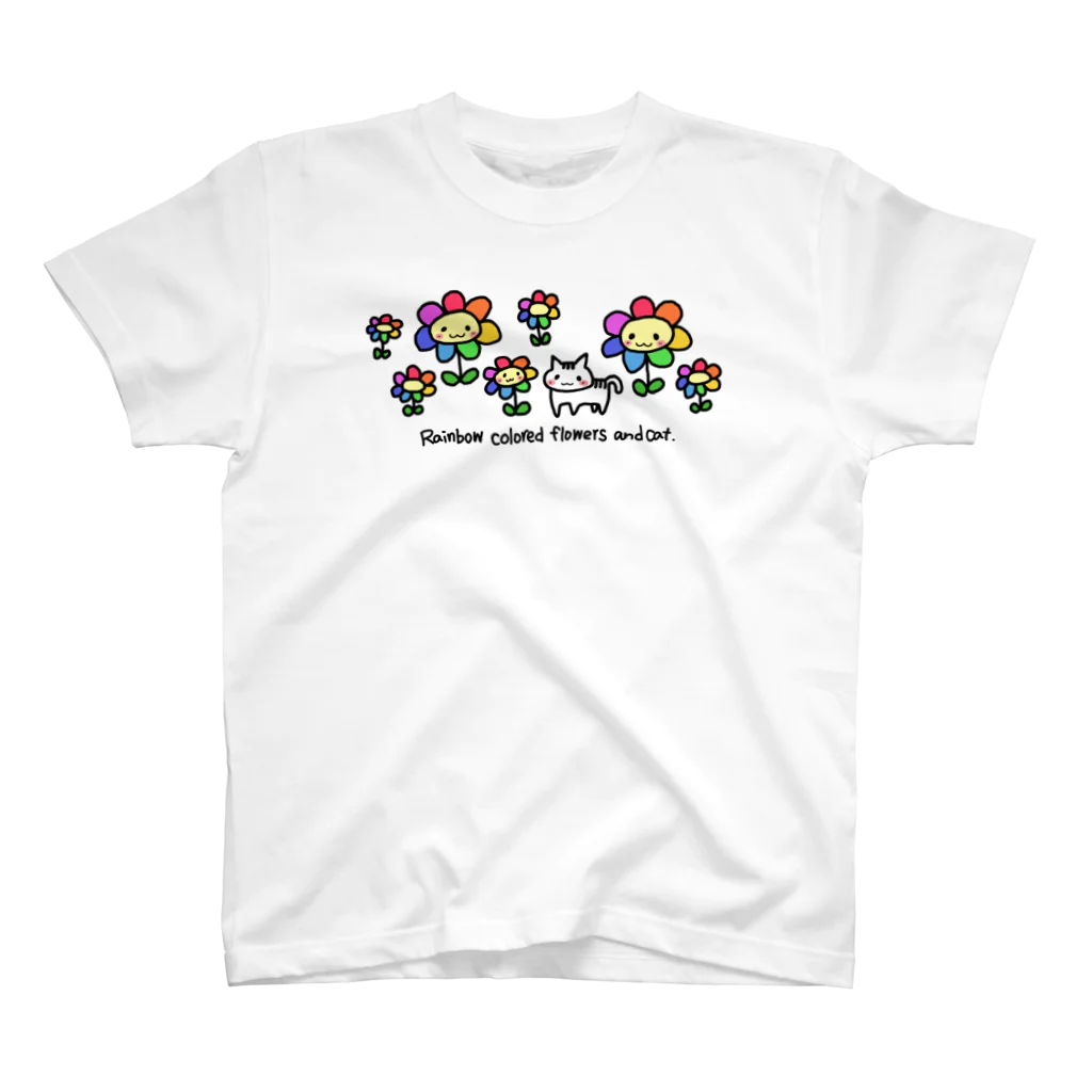 ピンキーハウスの虹色の花と猫（フチなし） スタンダードTシャツ