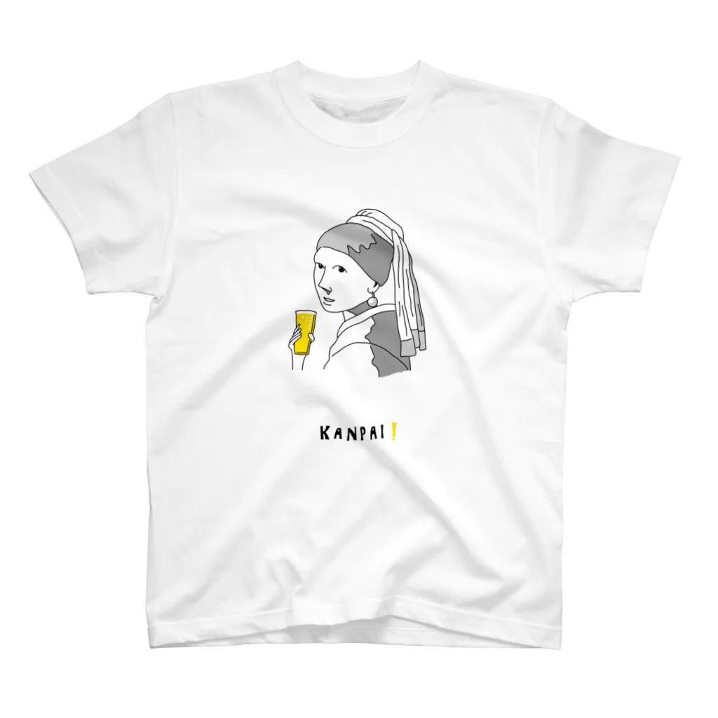 ビールとアート TM-3 Designの名画 × BEER（真珠の耳飾りの少女）黒線画 Regular Fit T-Shirt