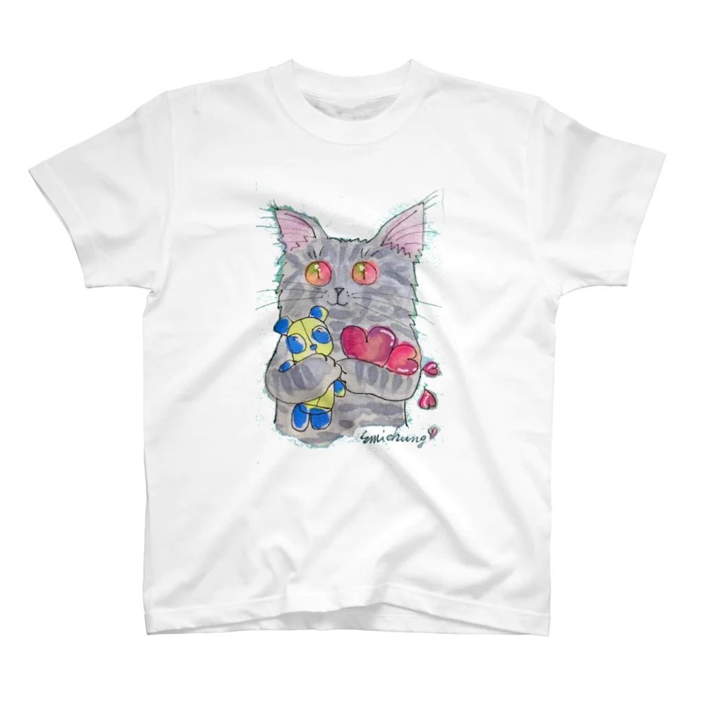 Crazy❤︎for Maincoon 猫🐈‍⬛Love メインクーンに夢中のぬいぐるみを抱っこする猫⭐︎ スタンダードTシャツ