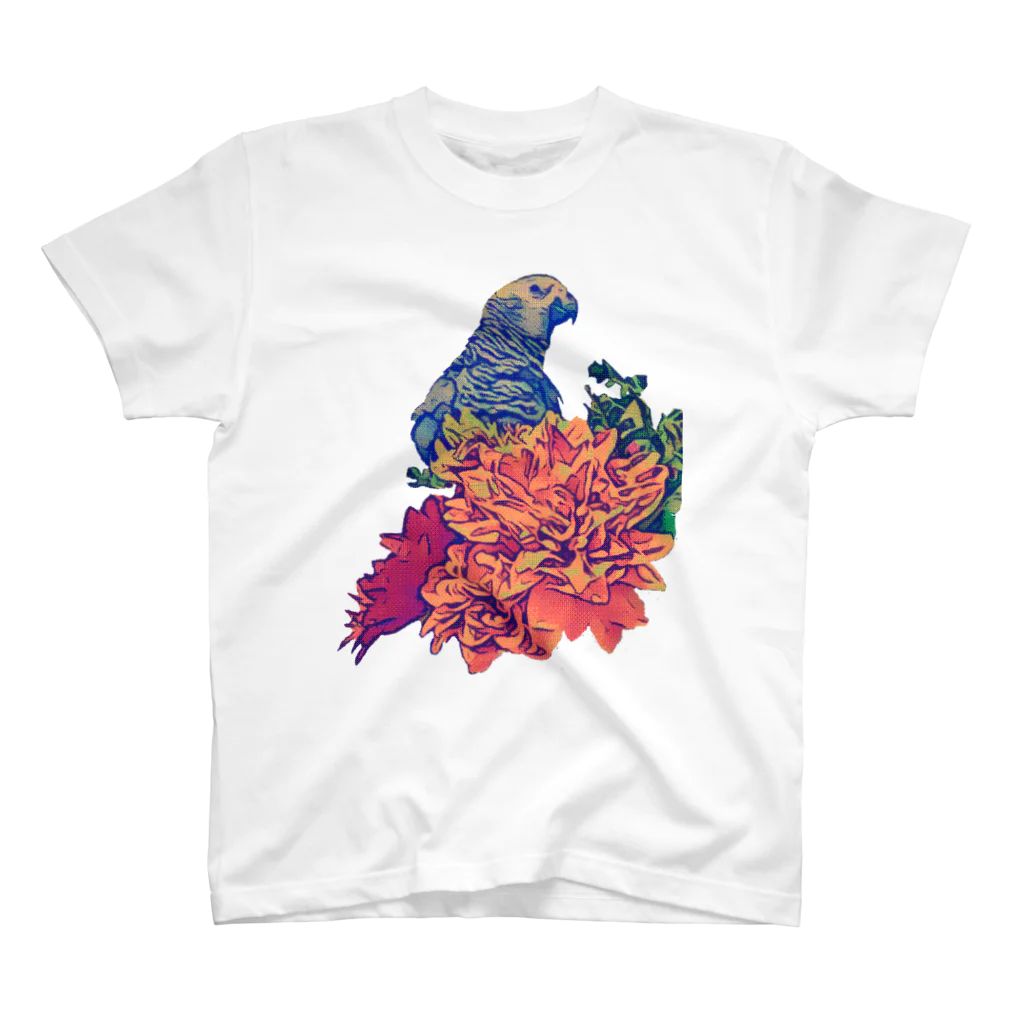 愉快なインコ達のヨウムと花 スタンダードTシャツ