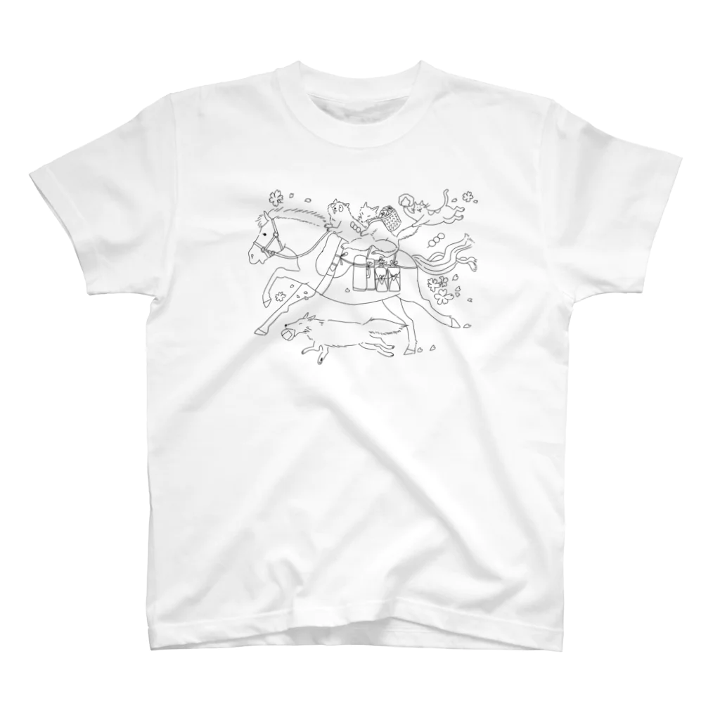 poniponiのお花見に向かう馬、狸狐猫(線画Ｖｅｒ．) Regular Fit T-Shirt