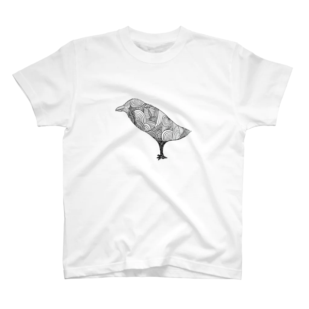 眠〜い眠〜いトカゲの巣のモノクロ鳥 スタンダードTシャツ