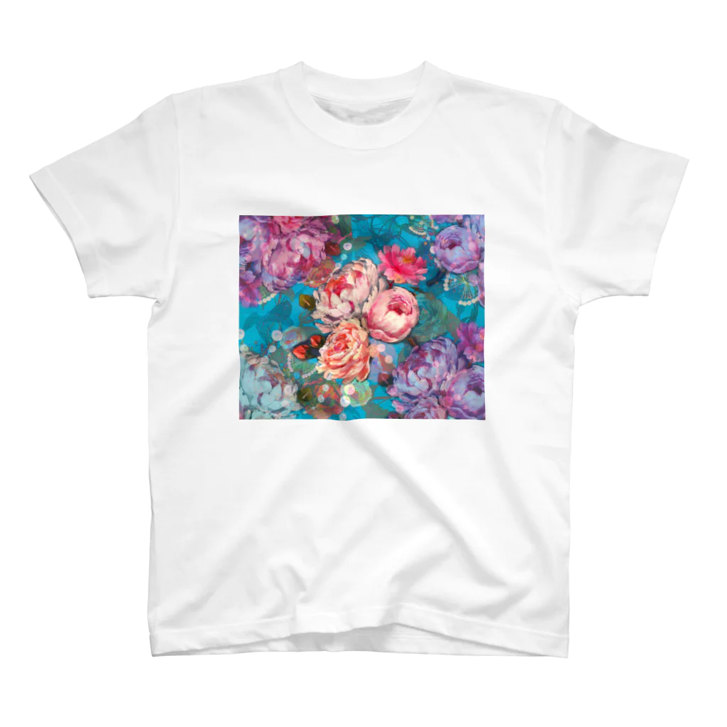 NORIMA'S SHOP の薔薇、芍薬、牡丹のボタニカルブーケと螺鈿模様の壁紙イラスト スタンダードTシャツ