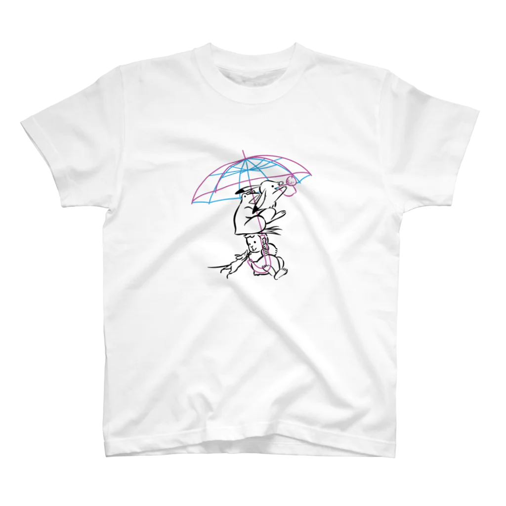 しきいろ(プレビューで見切れていたら修正致しますご連絡どうぞ！)の鳥獣戯画(ポップ/雨傘) スタンダードTシャツ