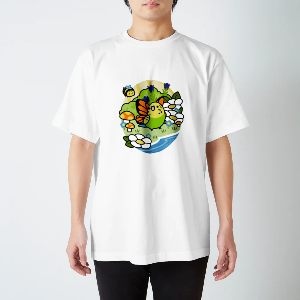 Cody the LovebirdのChubby Bird セキセイインコの妖精 Matcha 一緒に森を守ろう！ スタンダードTシャツ