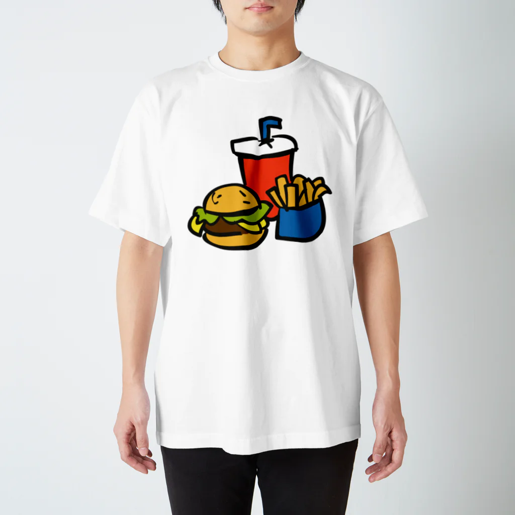ぽっぷんすたんぷ -POP’N STAMP-のハンバーガーとポテトとドリンクのセット ---カラフルでポップなフードデザインTシャツ--- スタンダードTシャツ