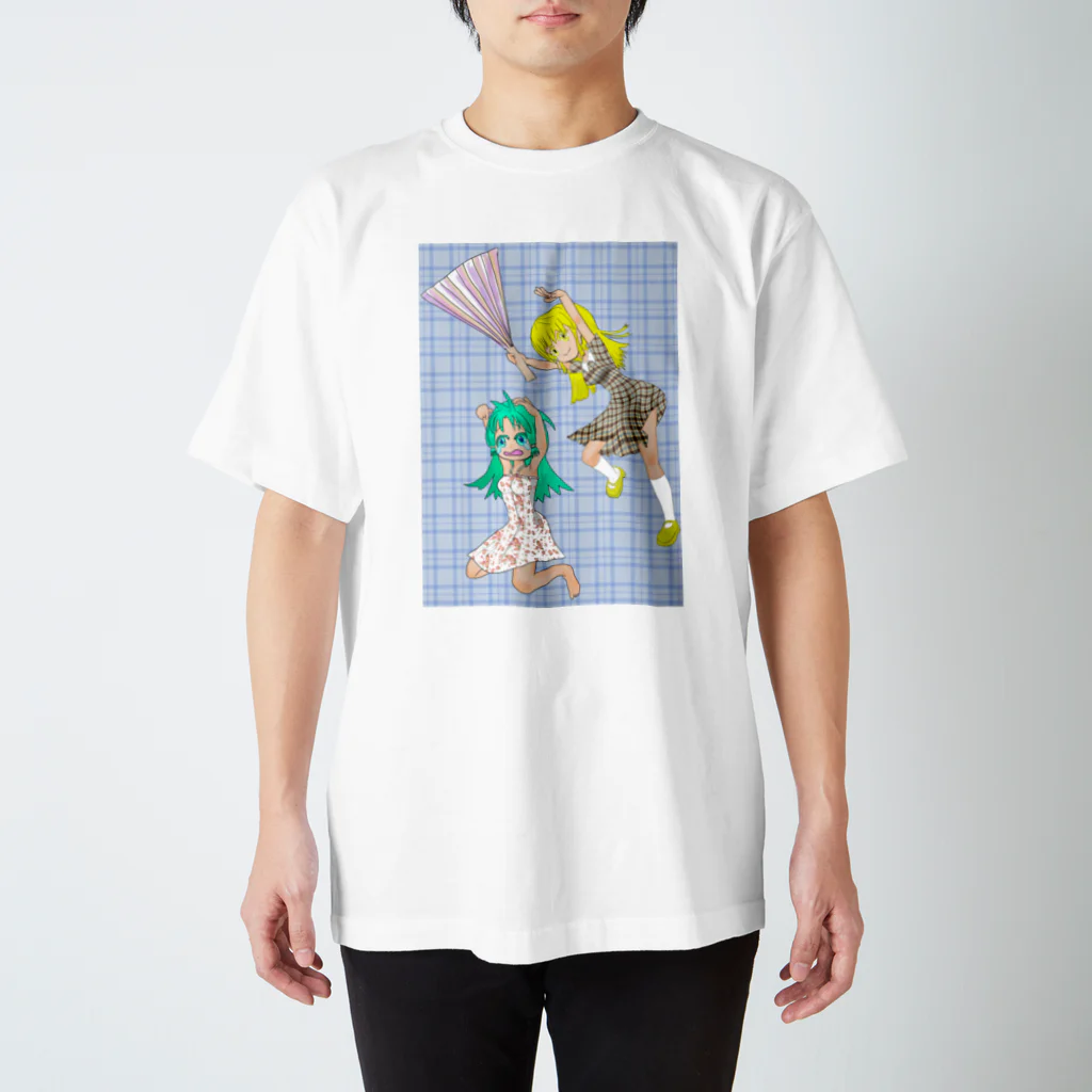 げーむやかんのハリセンアタック水色格子背景 スタンダードTシャツ