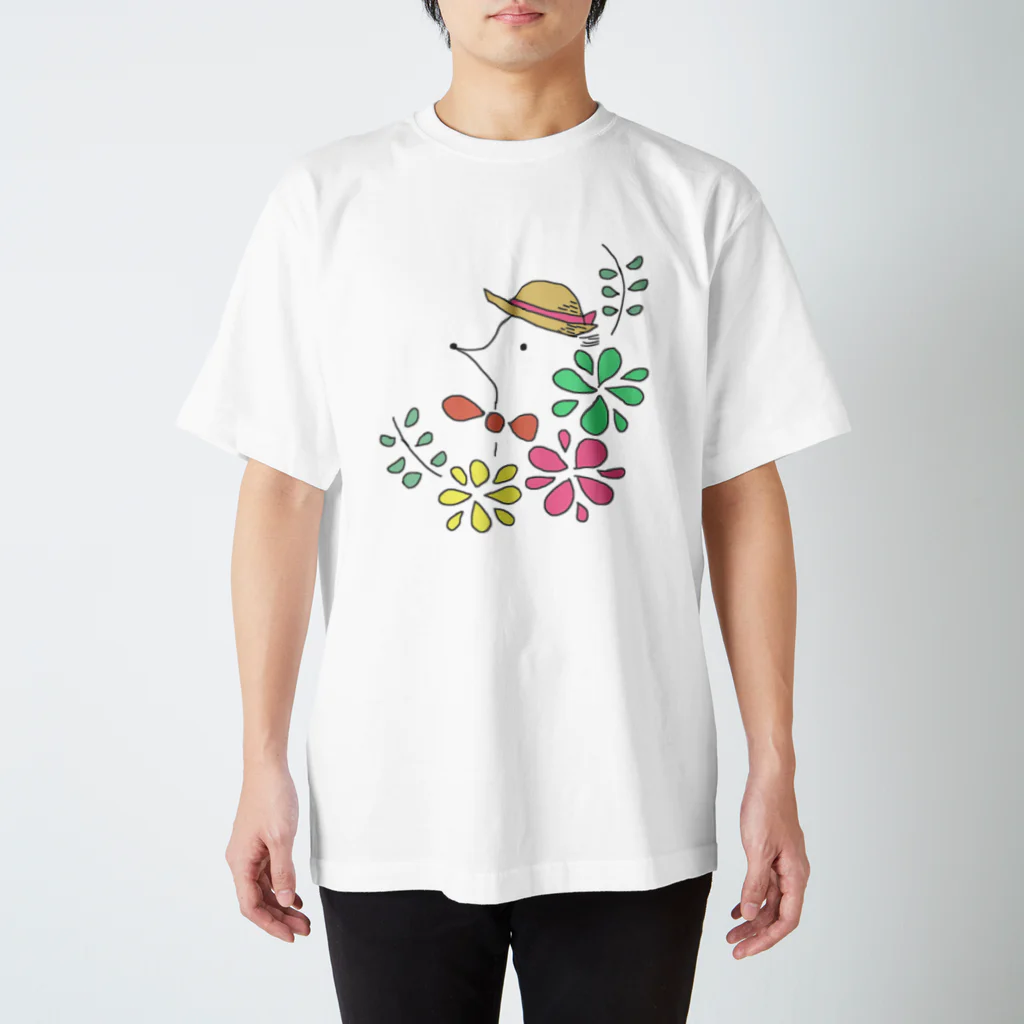 usagi-cuteのハリネズミのはりっちょ　with flower カラーver   スタンダードTシャツ