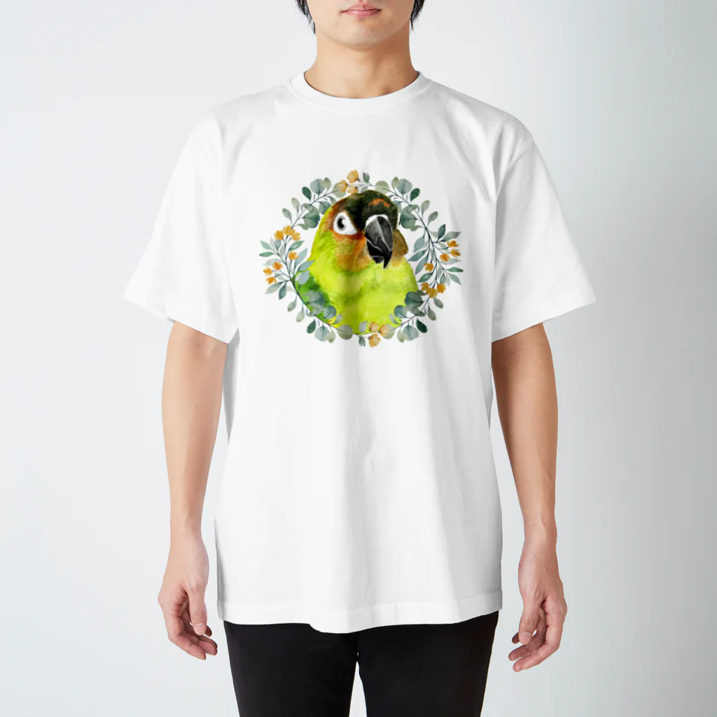 mariechan_koboの020 クロカミインコ(ハイブリッド)　オレンジ小花のリース スタンダードTシャツ