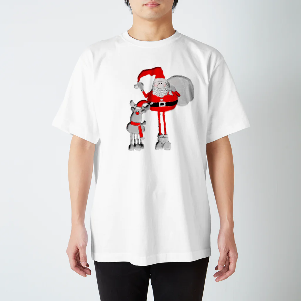 ポンコツリーナのお店のSanta＆Rudolph(モノトーン×赤) スタンダードTシャツ