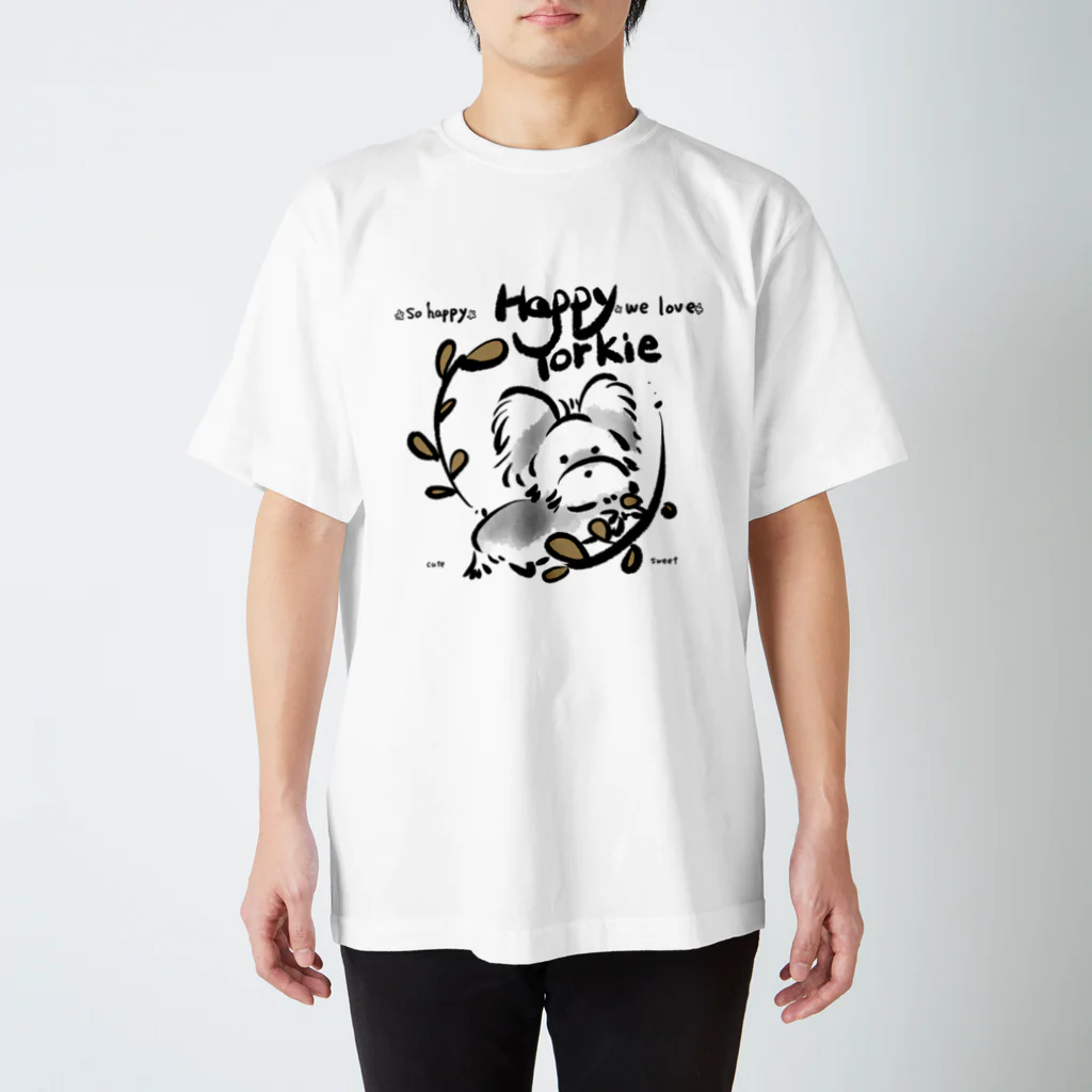 R&MのHappyYorkie葉っぱの枠に囲まれた スタンダードTシャツ