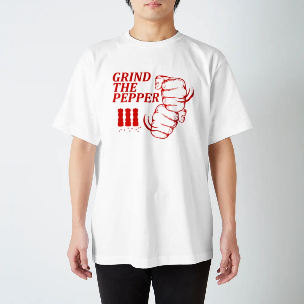 オノマトピアのペッパーミル・パフォーマンス（GRIND THE PEPPER）文字赤 スタンダードTシャツ