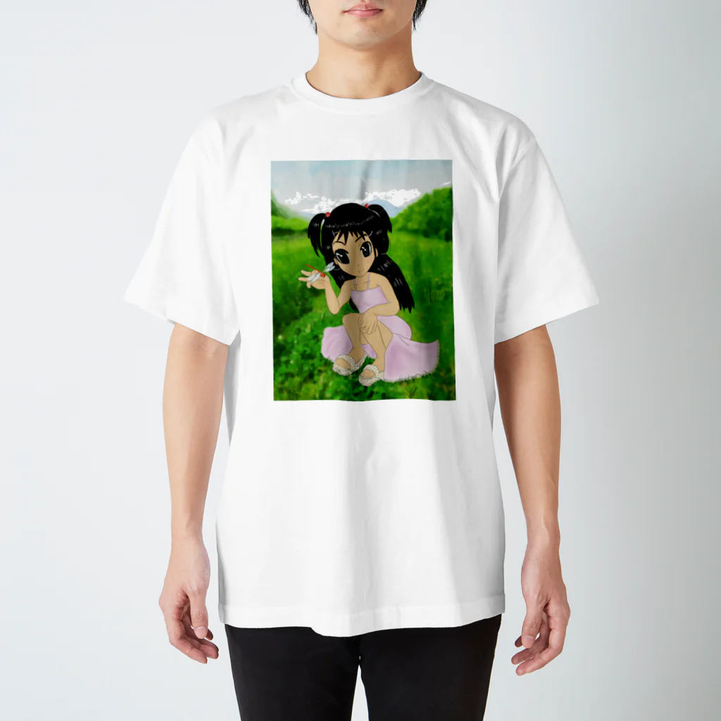 げーむやかんの少女と赤とんぼと山 スタンダードTシャツ