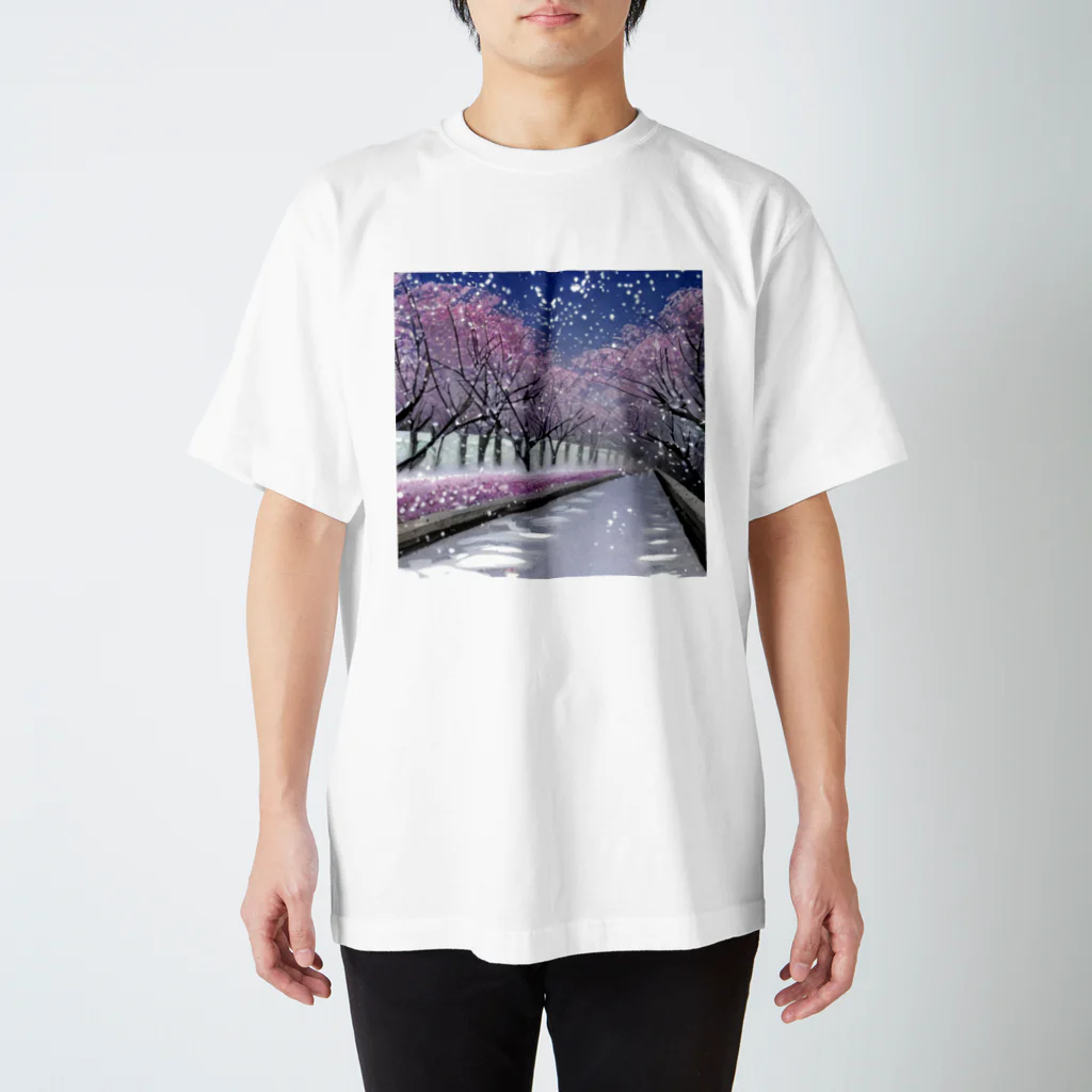 Yossy's Item Factoryの夜の桜並木に雪 スタンダードTシャツ