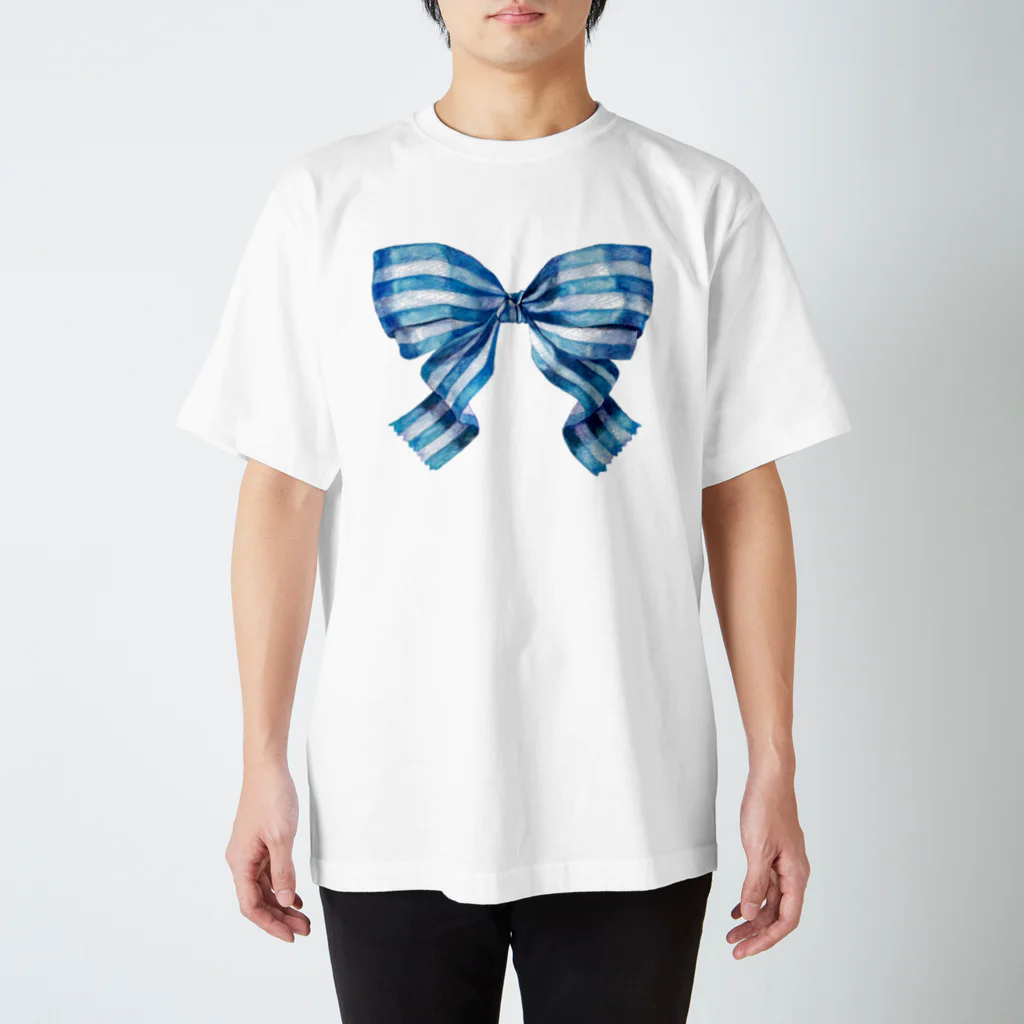 HosoMitsu-painterの水色のストライプリボン Regular Fit T-Shirt