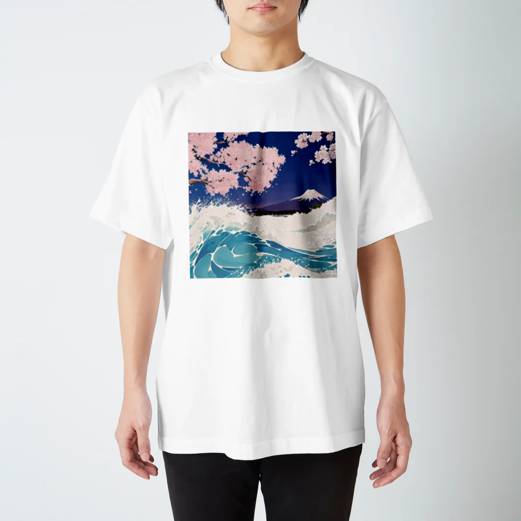 にょんのTシャツ屋さんの桜と富士山と波 スタンダードTシャツ