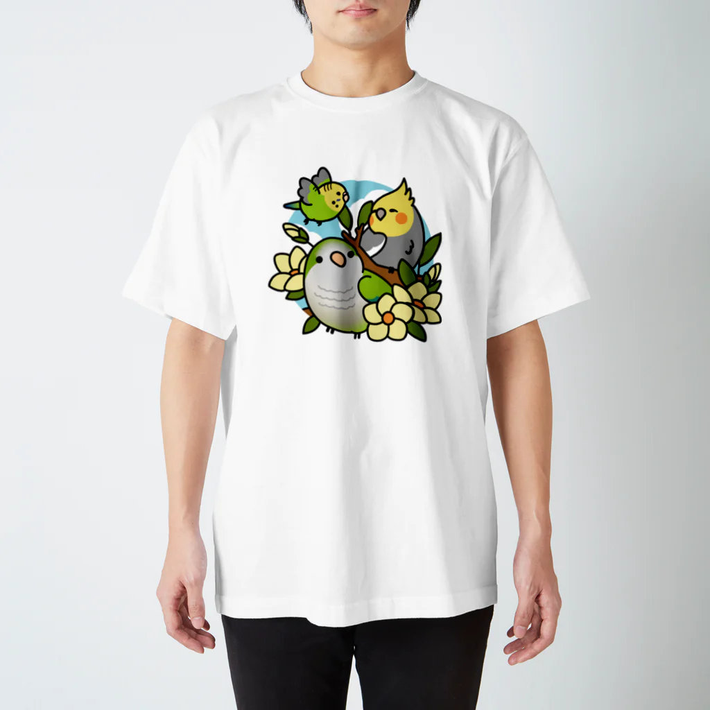 Cody the Lovebirdの（両面）仲良しインコ（表面）+ モーニングバード (背面）Chubby Bird 티셔츠