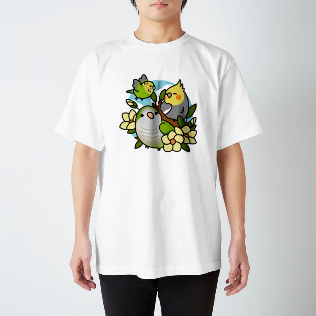 Cody the Lovebirdの（両面）仲良しインコ（表面）+ モーニングバード (背面）Chubby Bird スタンダードTシャツ