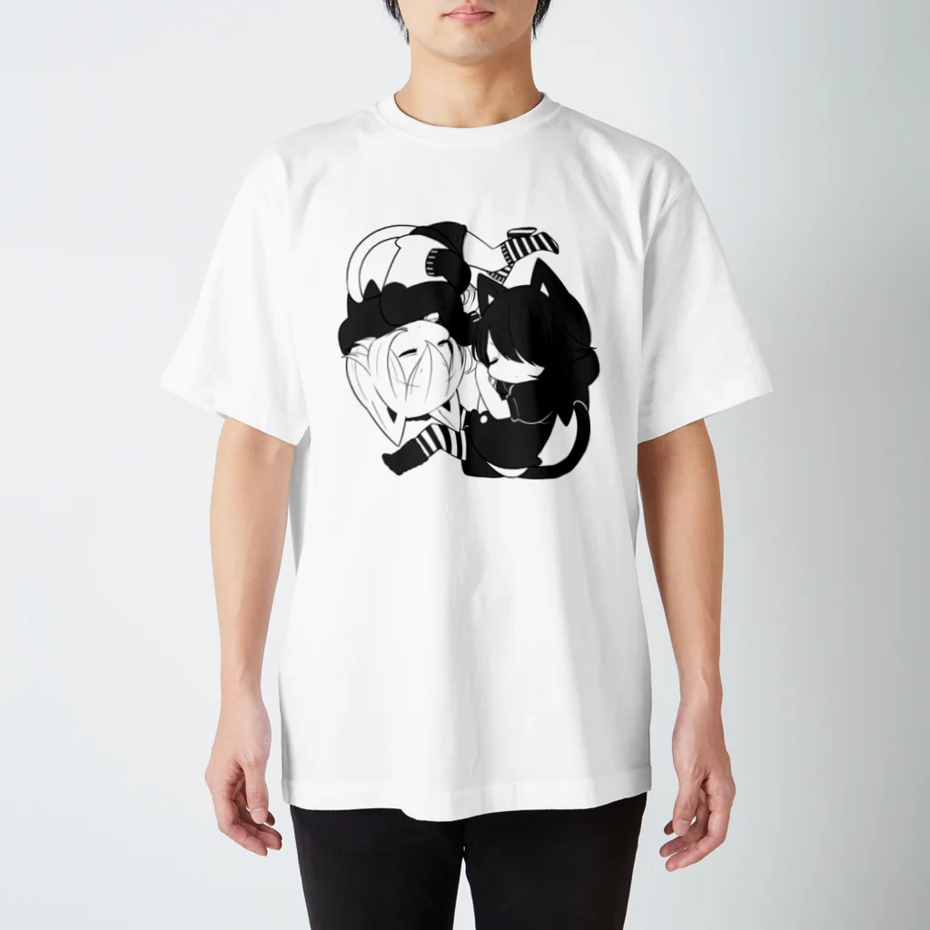 佐治の黒猫少年と白猫少年（モノクロ） スタンダードTシャツ