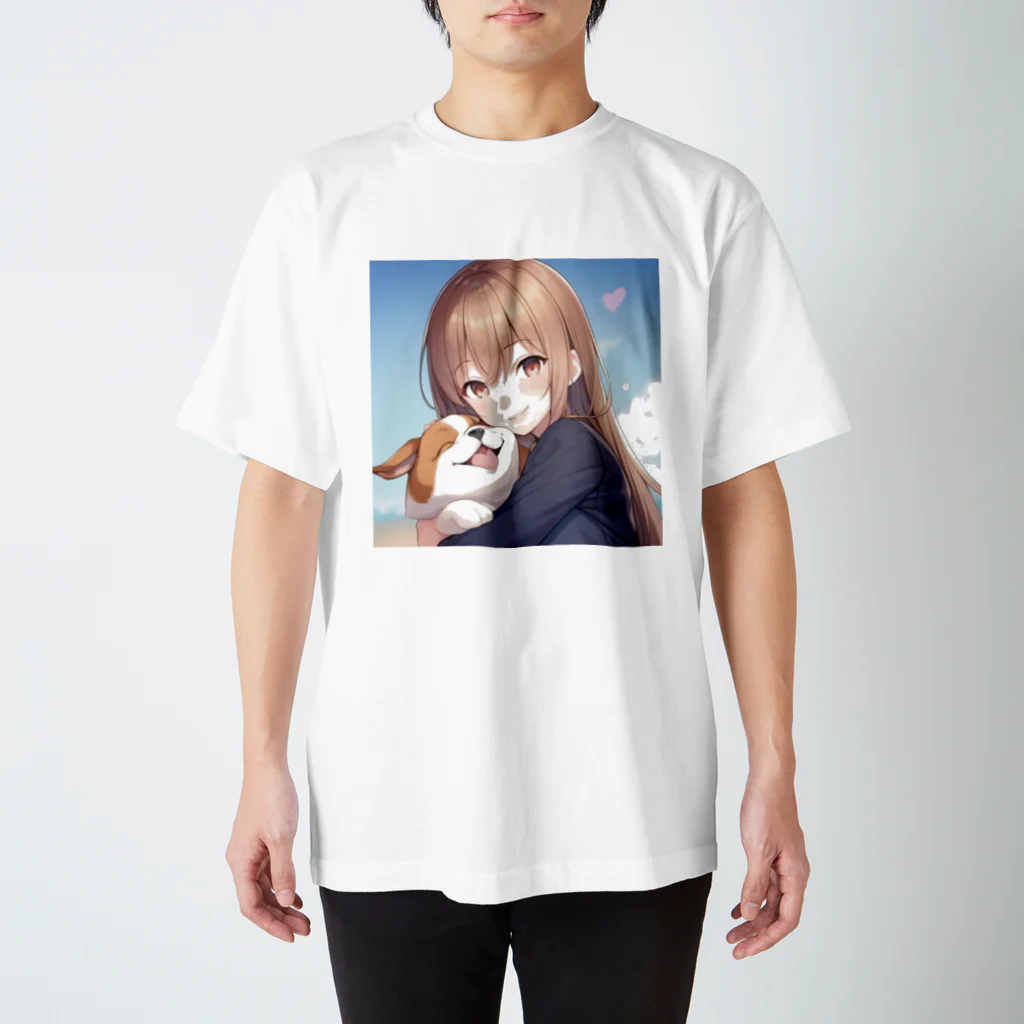 ひまわりの部屋の愛犬を抱きしめる少女 Regular Fit T-Shirt