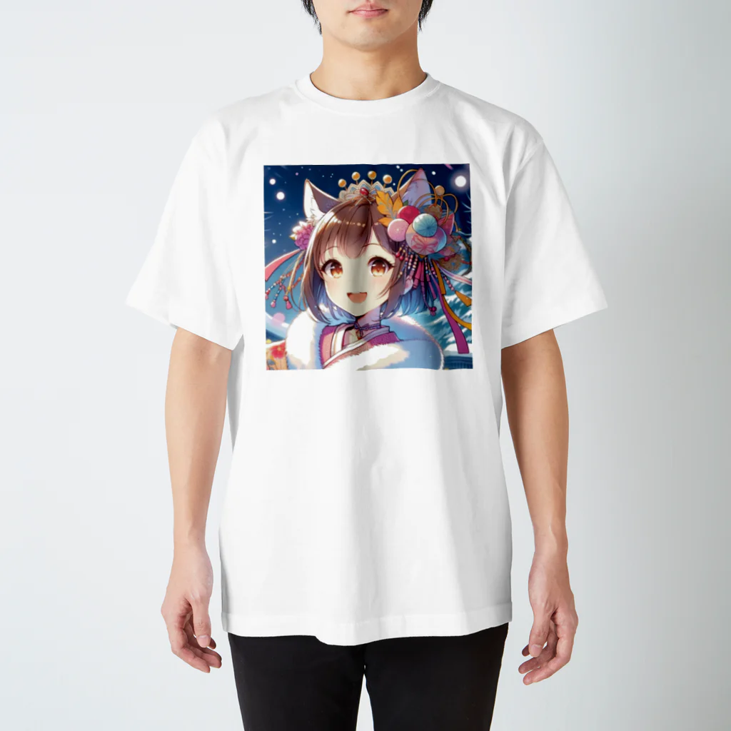 Happy Hub"（ハッピー・ハブ）の猫ギャル振り袖 スタンダードTシャツ