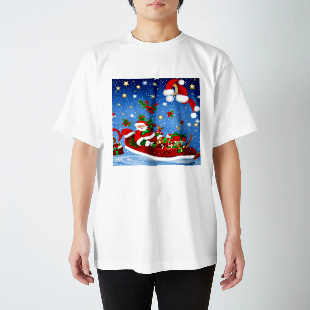 HirockDesignJapanの雪降るクリスマスイブにプレゼントを配達するサンタクロースとトナカイ スタンダードTシャツ
