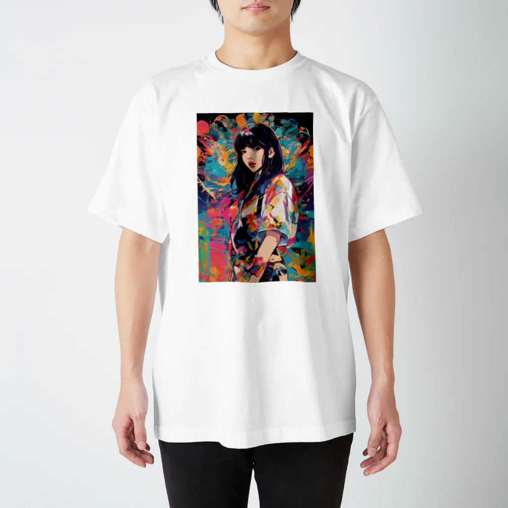 80s pop anime artの黒い背景にカラフルなドレスを着た女性の絵 スタンダードTシャツ