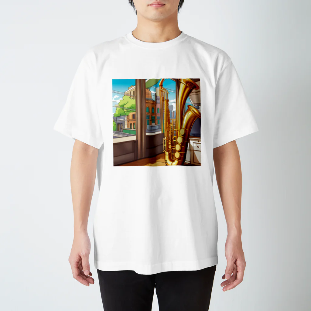 ほっこり絵音舎のバリトンサックスと風景 スタンダードTシャツ