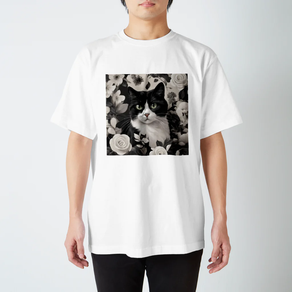 capcat1919のハチワレ白黒猫とジャスミン スタンダードTシャツ