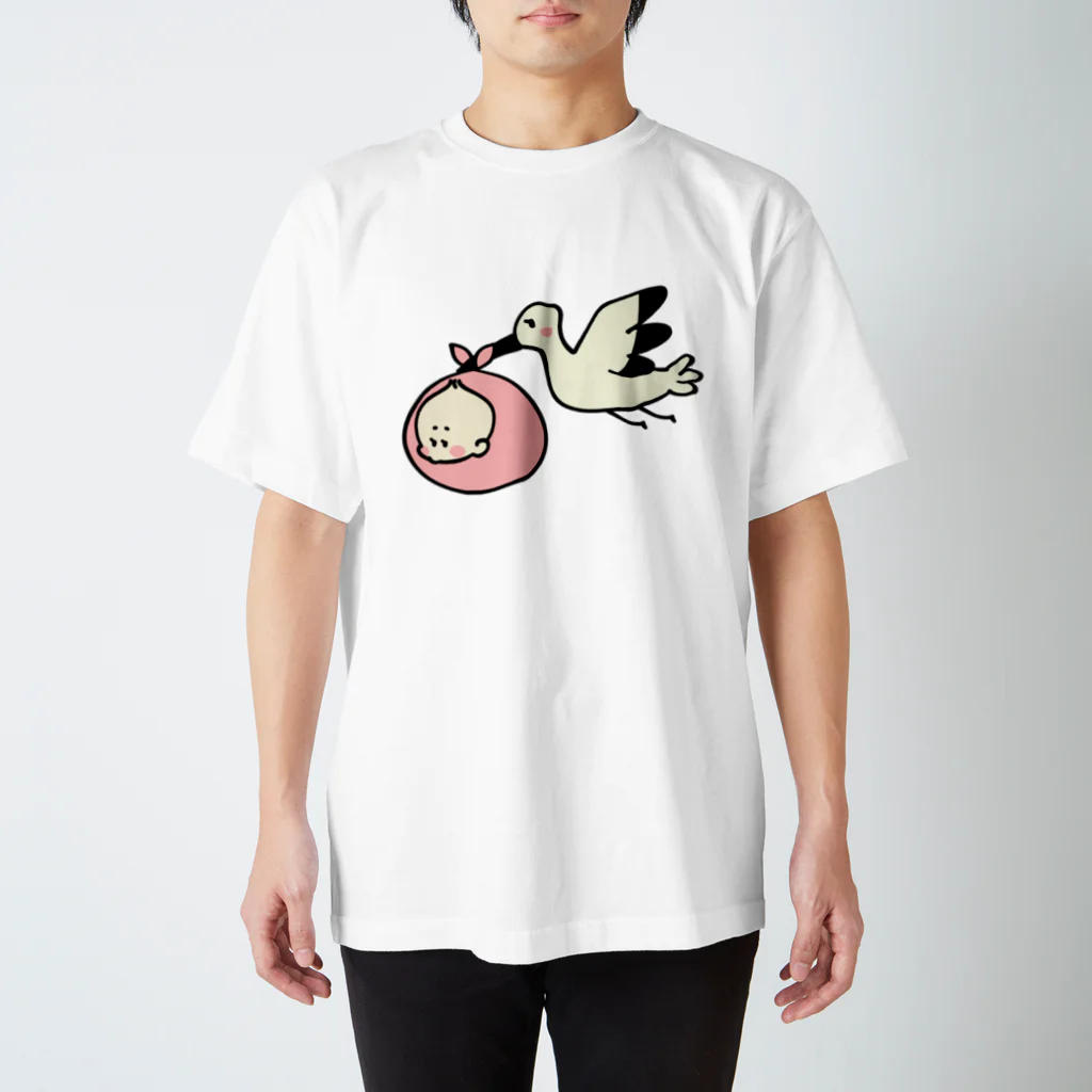 ゆちのへやのベビーを運ぶコウノトリのイラスト スタンダードTシャツ