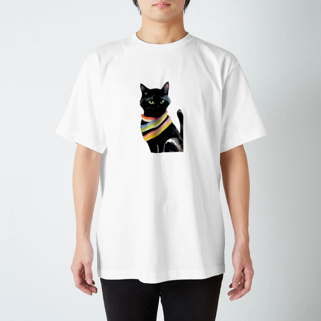 幸運のしっぽの黒猫と虹の首輪 スタンダードTシャツ