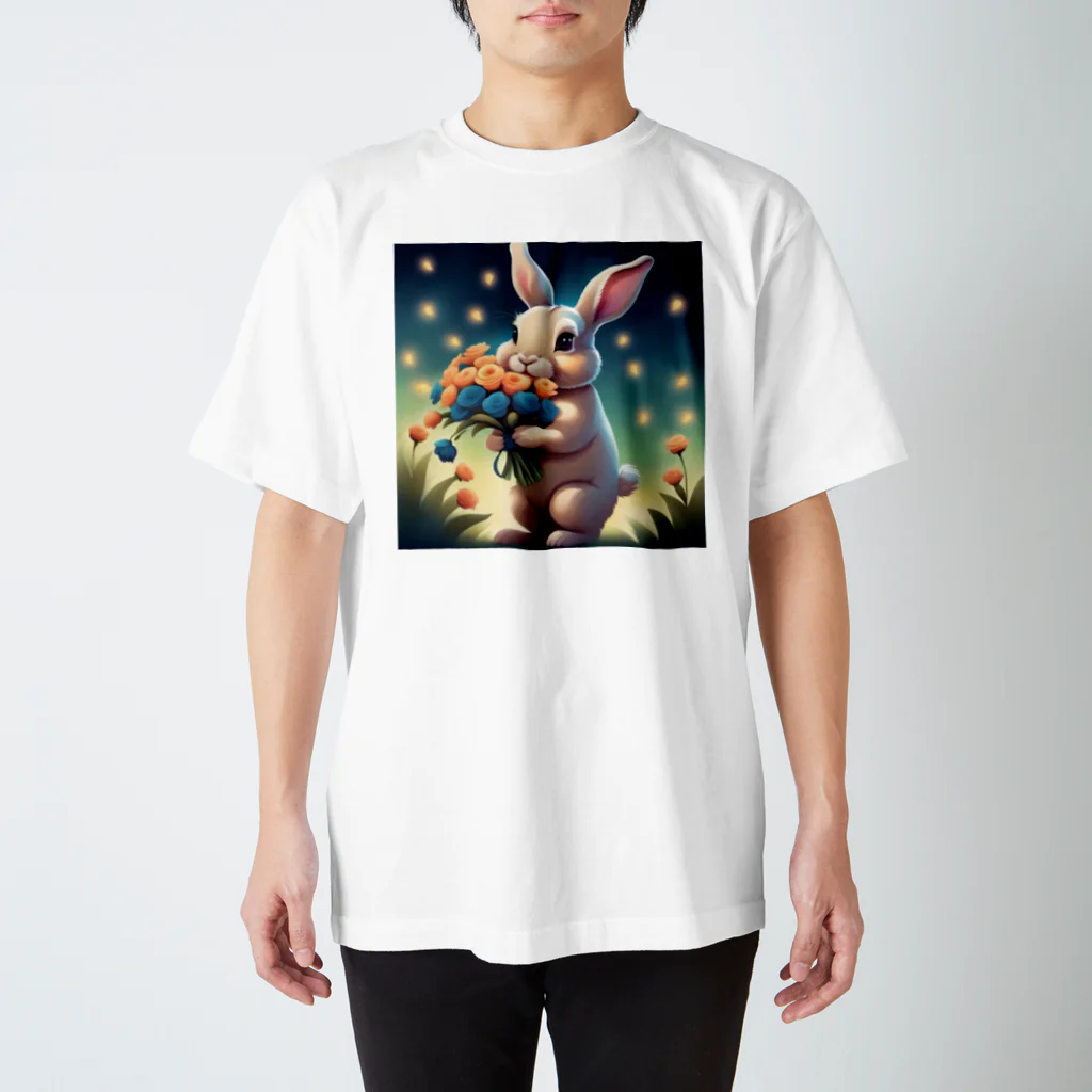 鼻かむうさぎの花束を持つウサギ スタンダードTシャツ