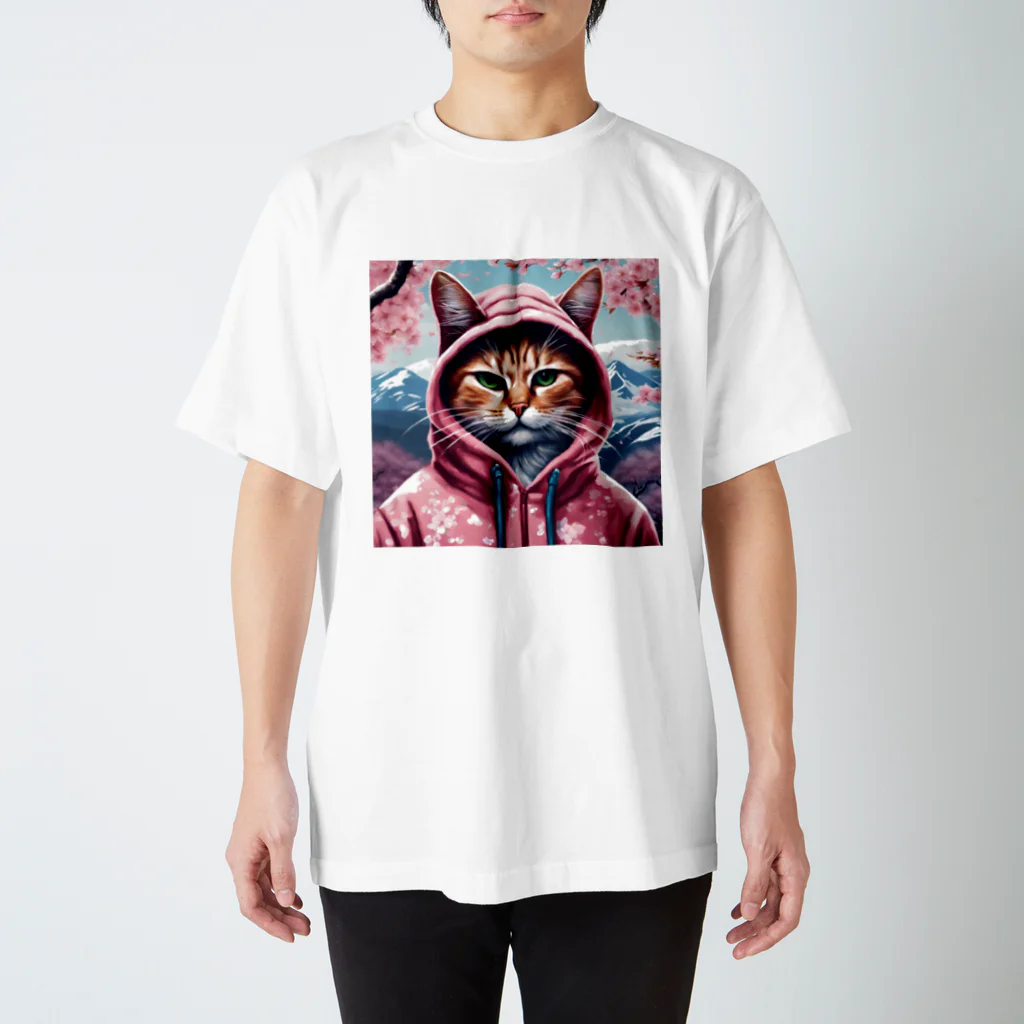 オシャンな動物達^_^の桜舞うなかオシャン猫 티셔츠