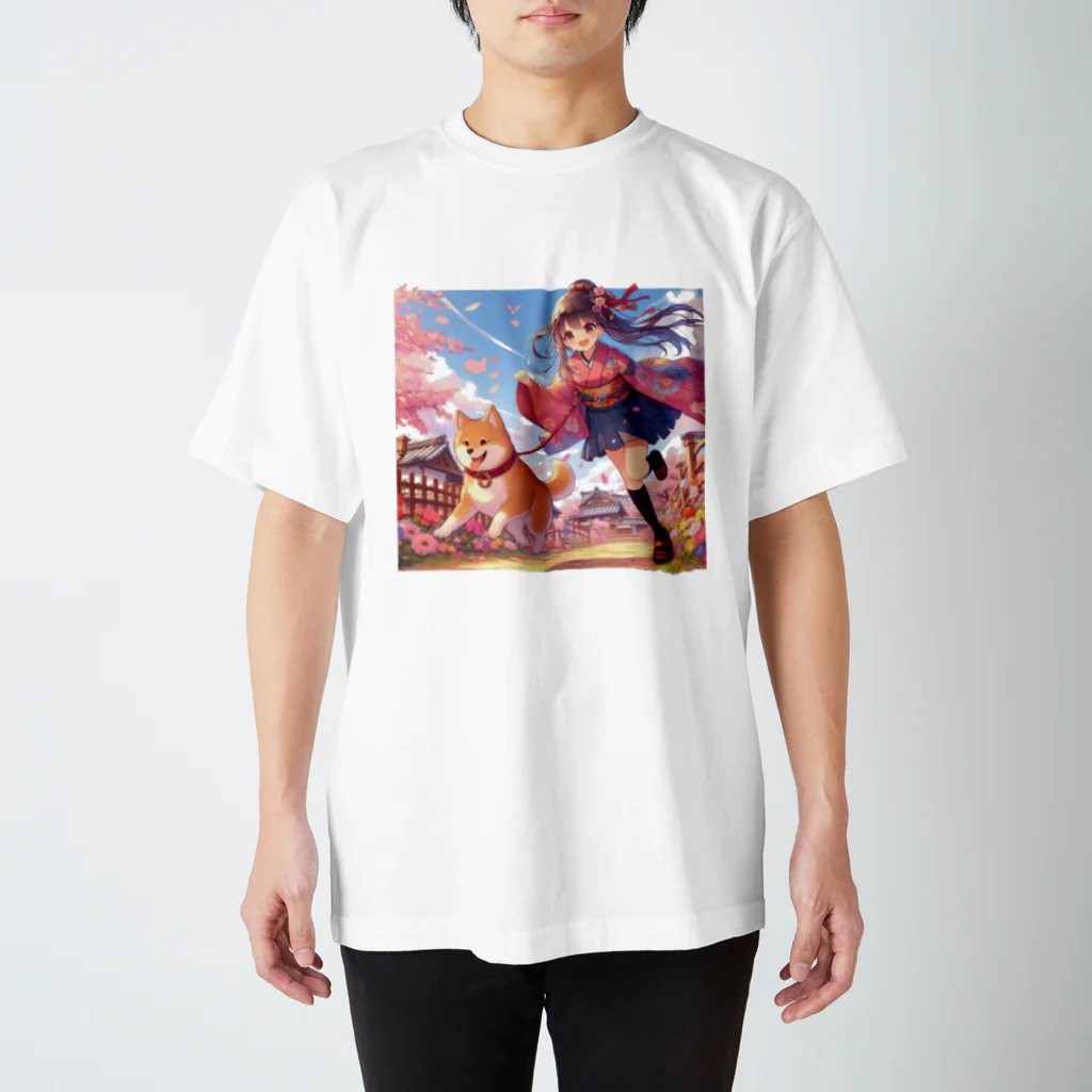 推しの美少女とアイドルの桜の中を犬と走る女の子 スタンダードTシャツ