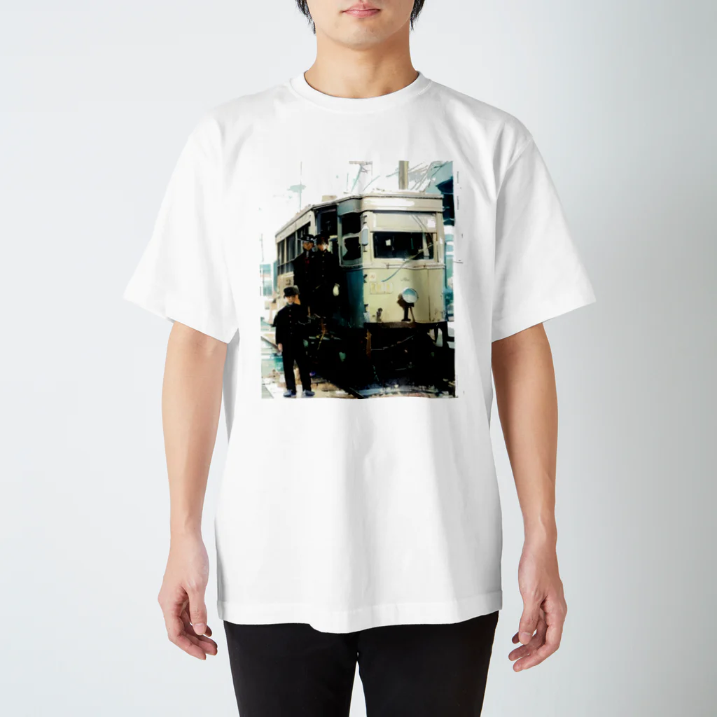 塩江温泉鉄道（同）の［イラスト］塩江温泉鉄道・ガソリンカーと乗務員 スタンダードTシャツ