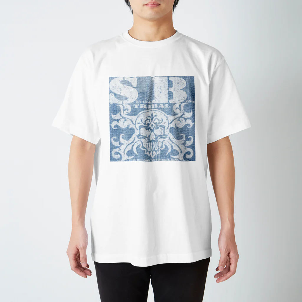 Ａ’ｚｗｏｒｋＳのSKULL&BONE TRIBAL GRUNGE WHT ON DENIM スタンダードTシャツ