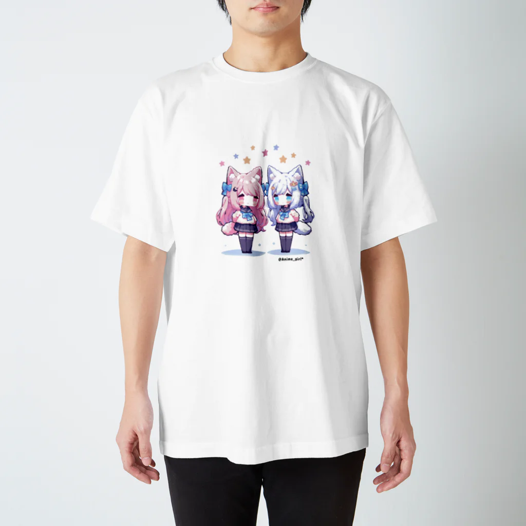 Anime_girl*の【Anime_girl*】Pixel art cat2girls pink×blue スタンダードTシャツ