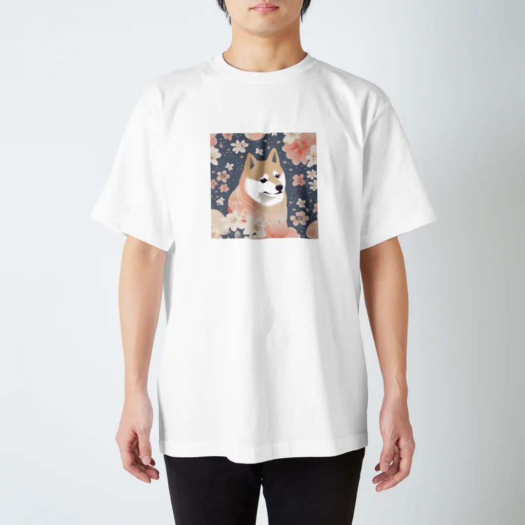 Grazing Wombatの日本画風、柴犬と桜２-Japanese-style painting of a Shiba Inu with cherry blossoms 2 スタンダードTシャツ