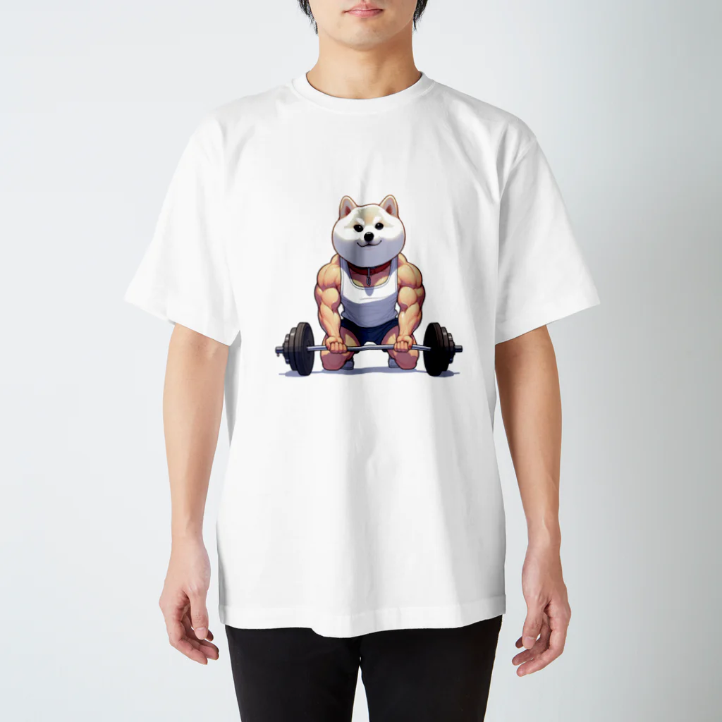 柴犬に囲まれたいのバーベルを上げようとするムキムキの白柴犬 スタンダードTシャツ