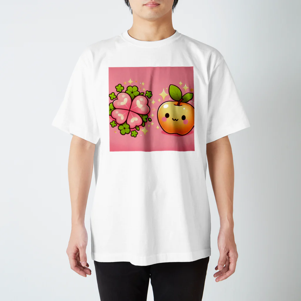 金運上昇金のリンゴの恋愛運アップの金のリンゴとピンクのクローバー スタンダードTシャツ