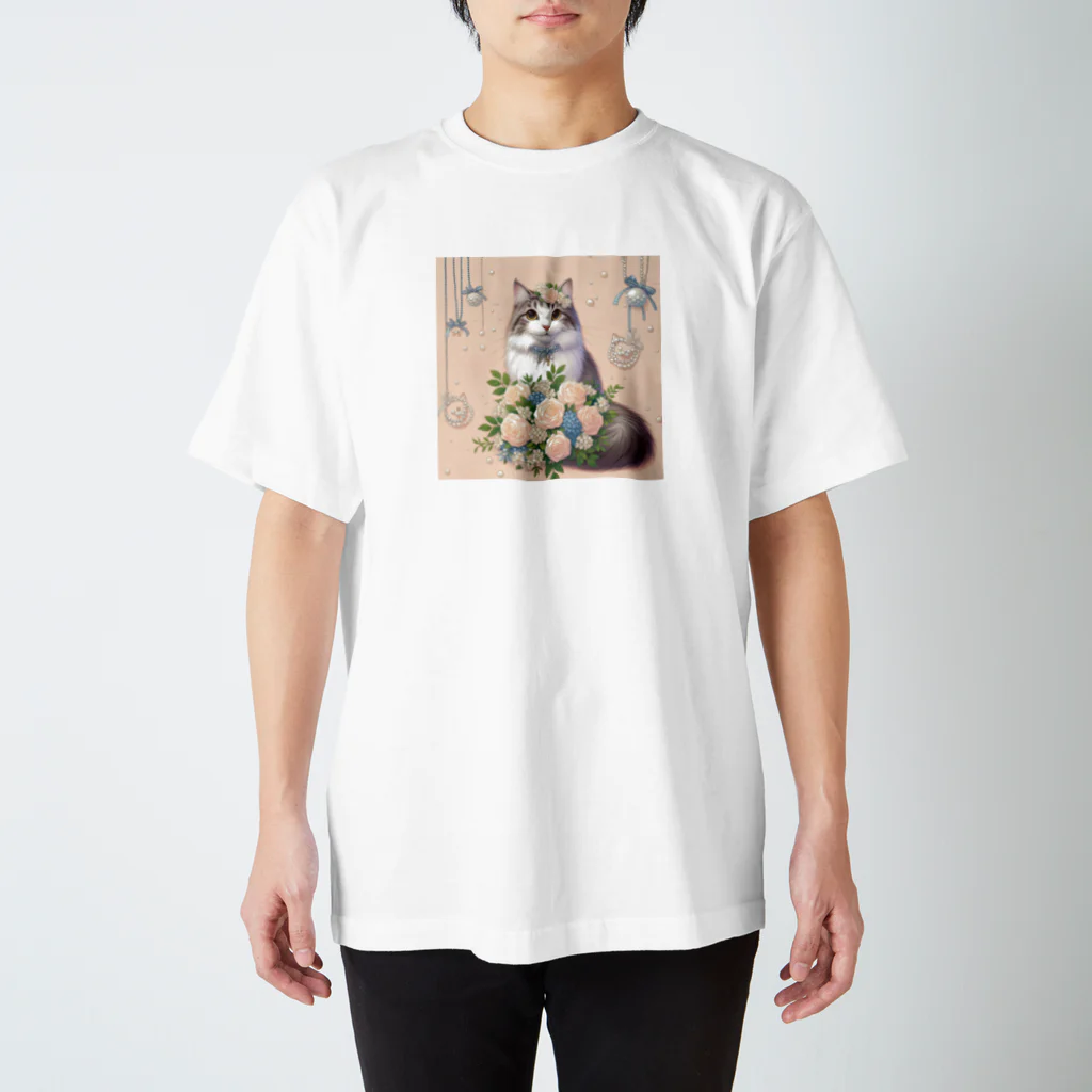 Y m @Y's shopの猫と薔薇　パールver. Regular Fit T-Shirt