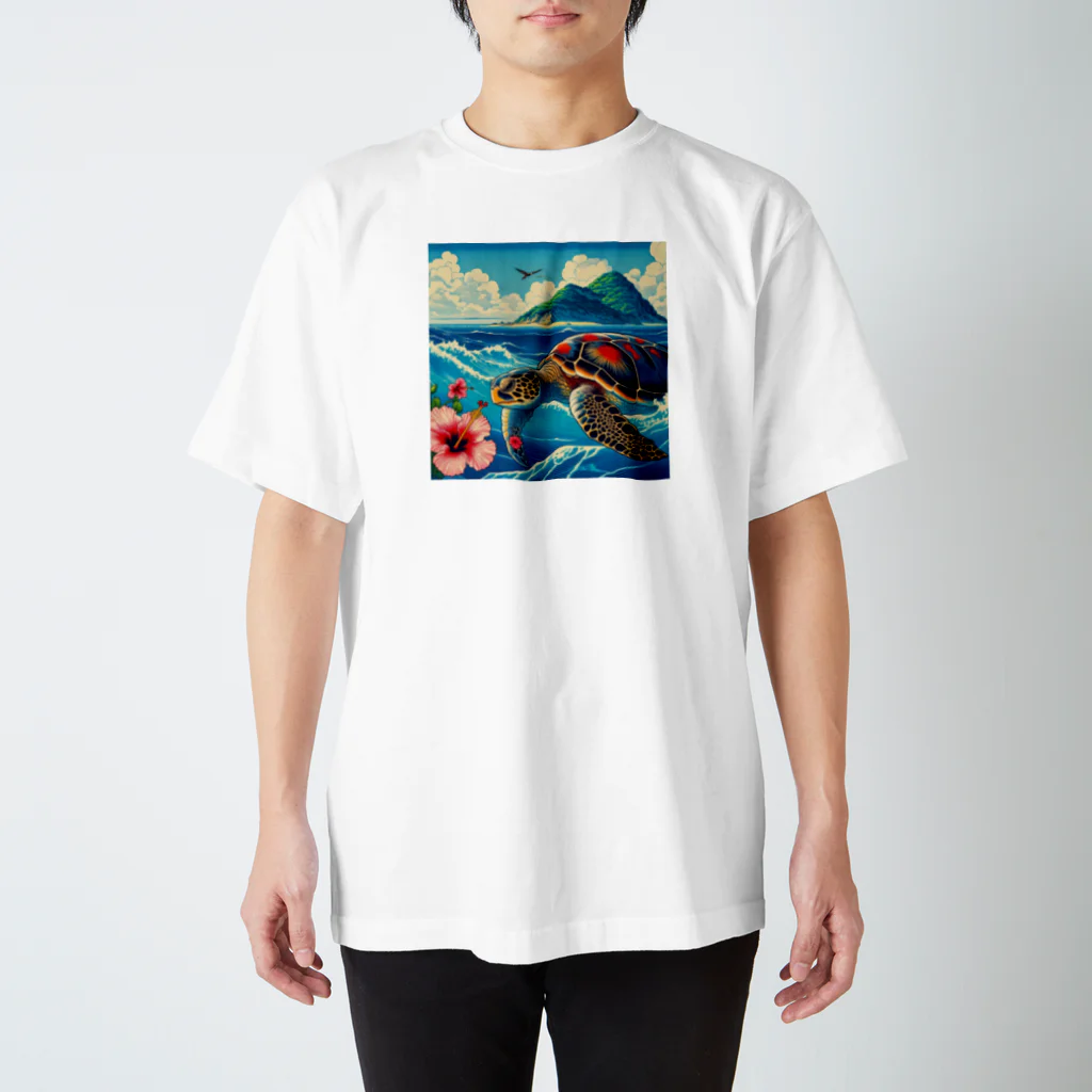 日本の風景 COOL JAPANの日本の風景:荒波にもまれる海がめ、Japanese scenery: Sea turtle caught in rough waves Regular Fit T-Shirt